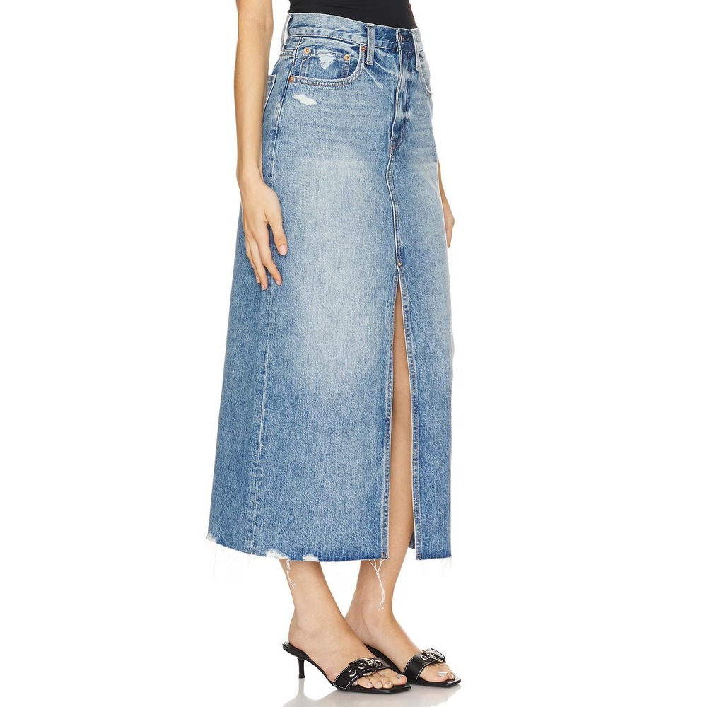 Pistola Alice Denim Maxi Skirt Distressed Raw Hem Front High Slit Cotton Size 27 - Picture 3 of 15